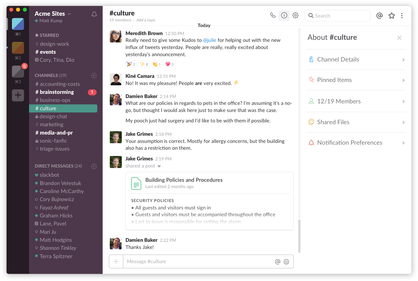 Image of a screen-capture of the Slack app in action, displaying the app interface with chat and conversation boxes